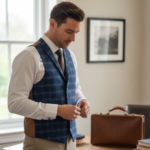 Blue Plaid Slim-Fit Suit Vest